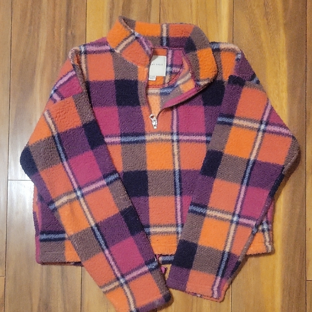 American Eagle Outfitters XS Woman's Plaid Quarter Zip Jacket Orange and Purple